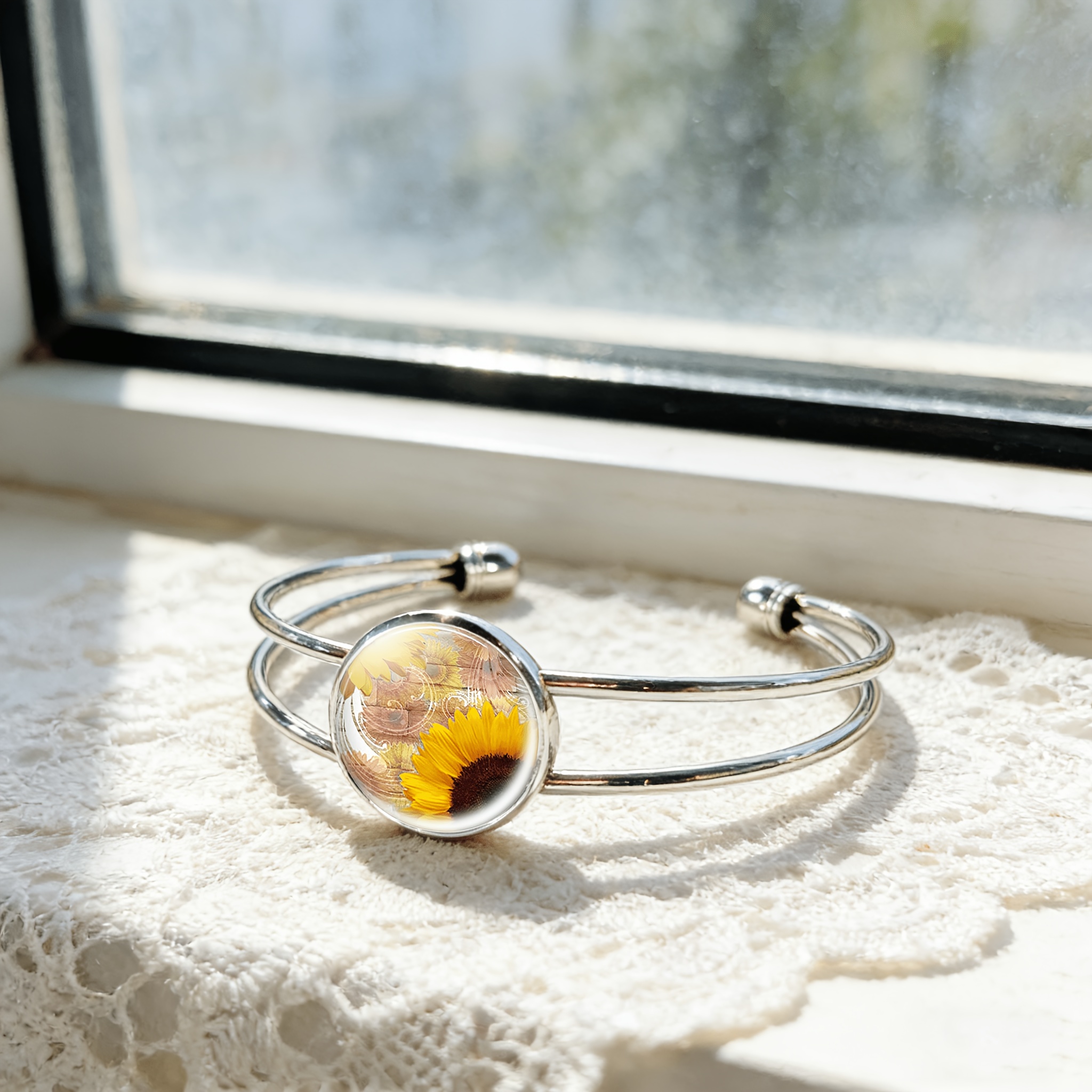 Women's Adjustable Open Bangle with Retro Sunflower & Floral Design